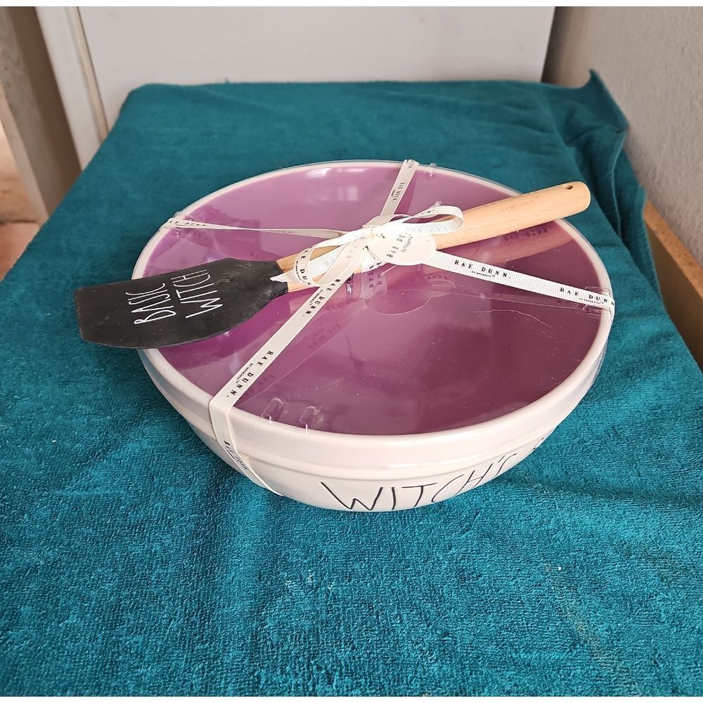 Rae Dunn Purple and White 'Witch' Ceramic Mixing Bowl with Spatula